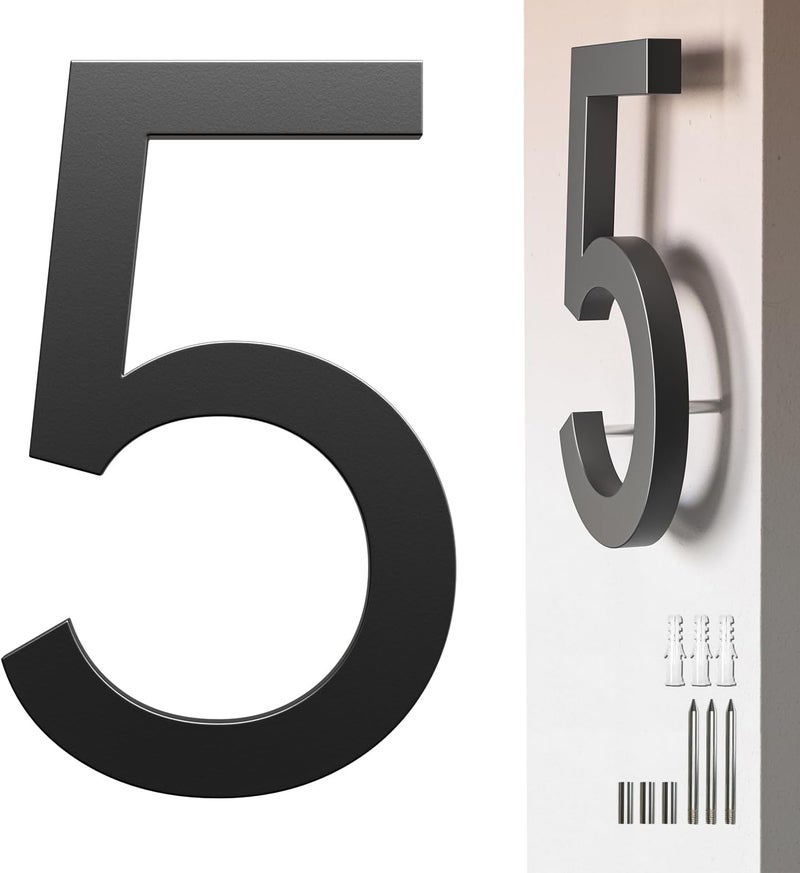 Etpon 7 Inch Black House Number 5 for Outside – Modern Floating Address Numbers, Weather-Resistant Metal, Easy to Install, Large Size, Stylish 3D Effect for Home, Office, and Street - Image 1